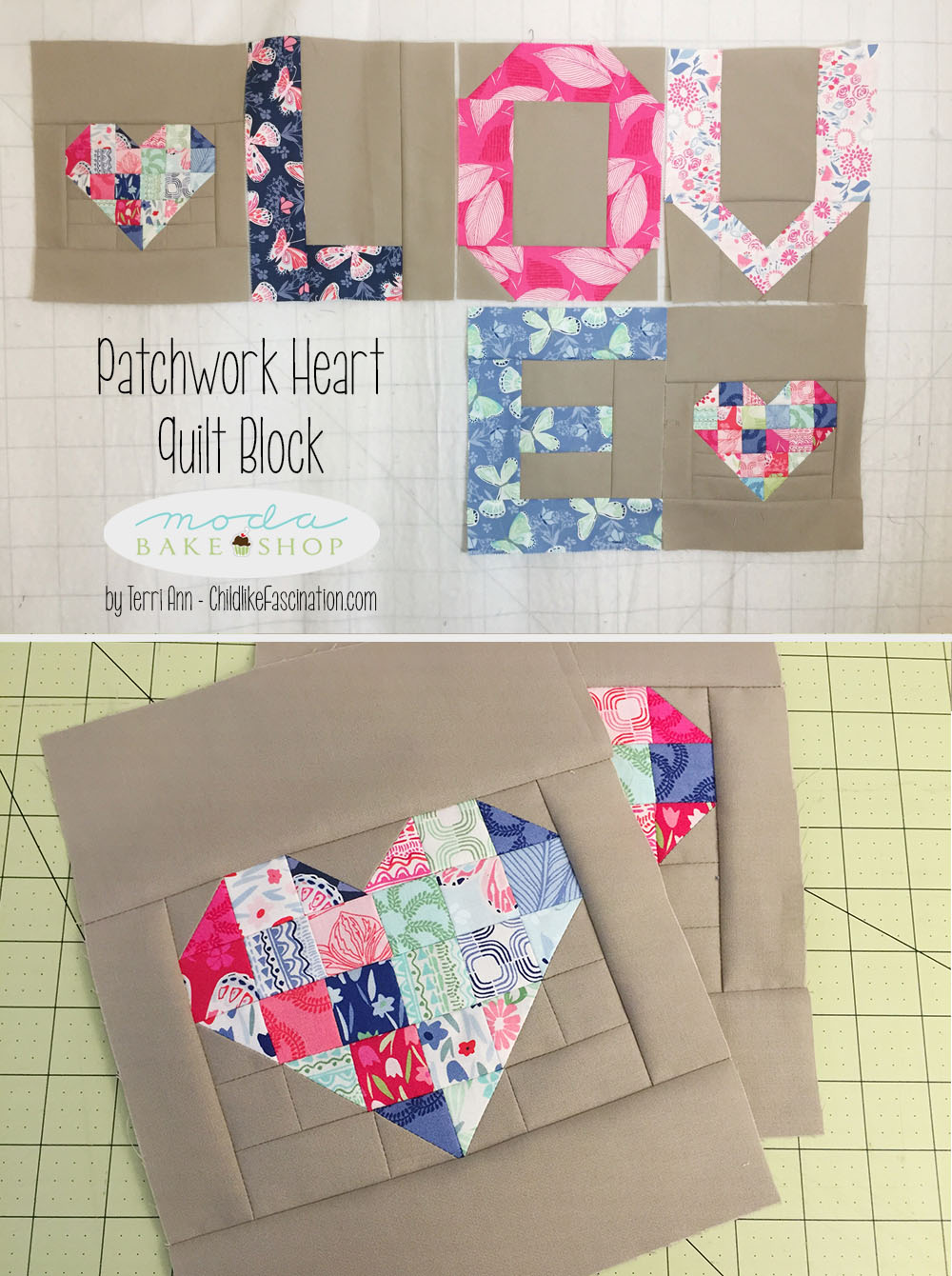 Free Patchwork Heart 8x10" finished block tutorial on the Moda Bake Shop by Terri Ann of ChildlikeFascination.com